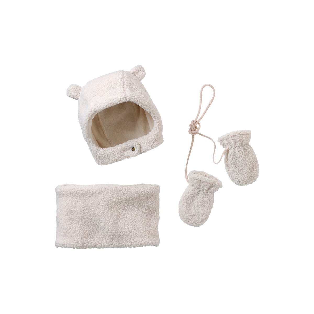 Ensemble bonnet, snood et moufles en sherpa écru, VERTBAUDET