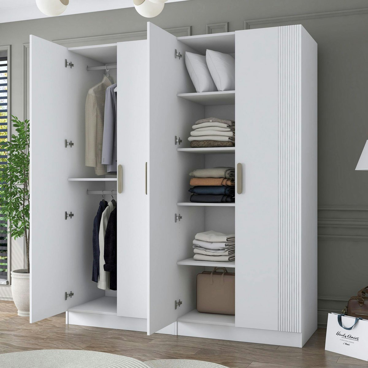 Armoire penderie blanche rainurée 4 portes 2 tringles BYRON blanc, PIER IMPORT