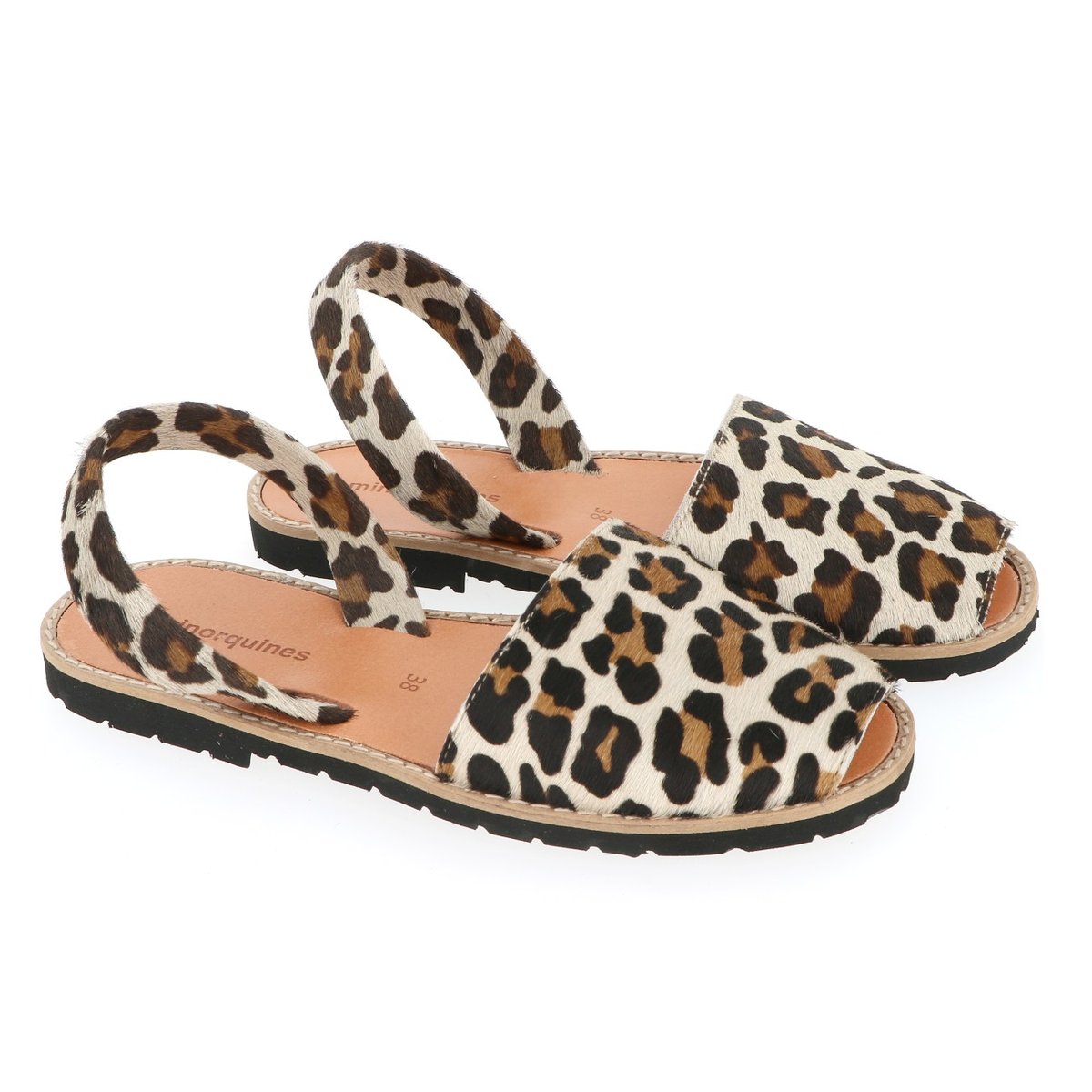 Sandales en cuir talon plat imprimé léopard, MINORQUINES