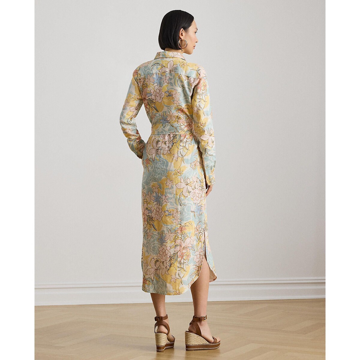 Vestido camisero de manga larga de lino con estampado de flores estampado crudo, LAUREN RALPH LAUREN