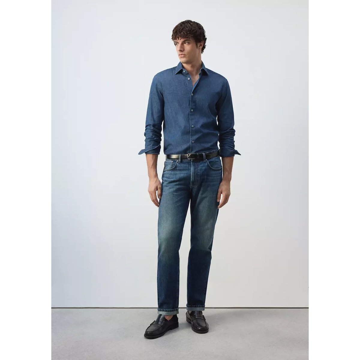 Chemise chambray 100 % coton bleu moyen, MANGO MAN