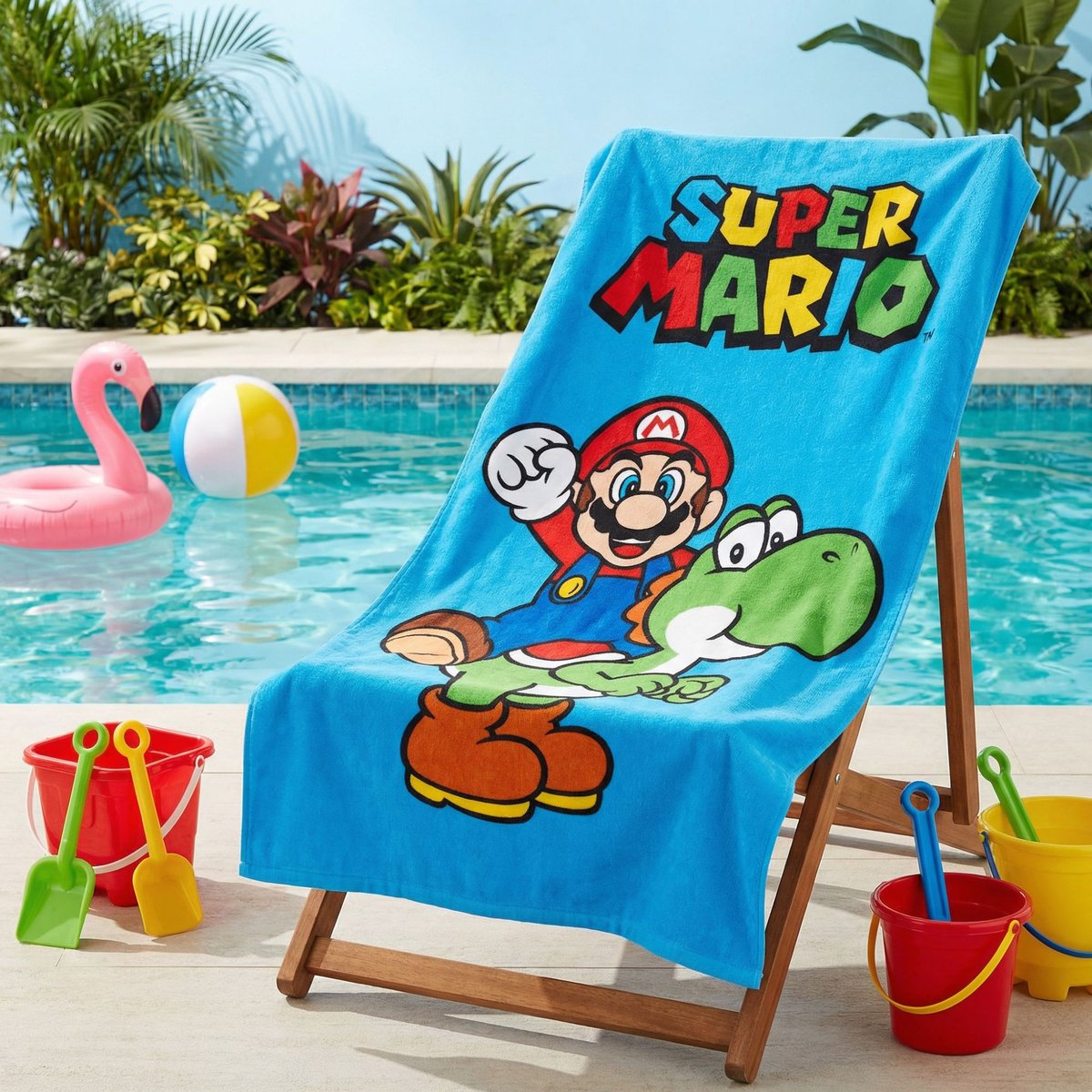 Serviette de bain et de plage imprimée 100% coton, YOSHI bleu, SUPER MARIO