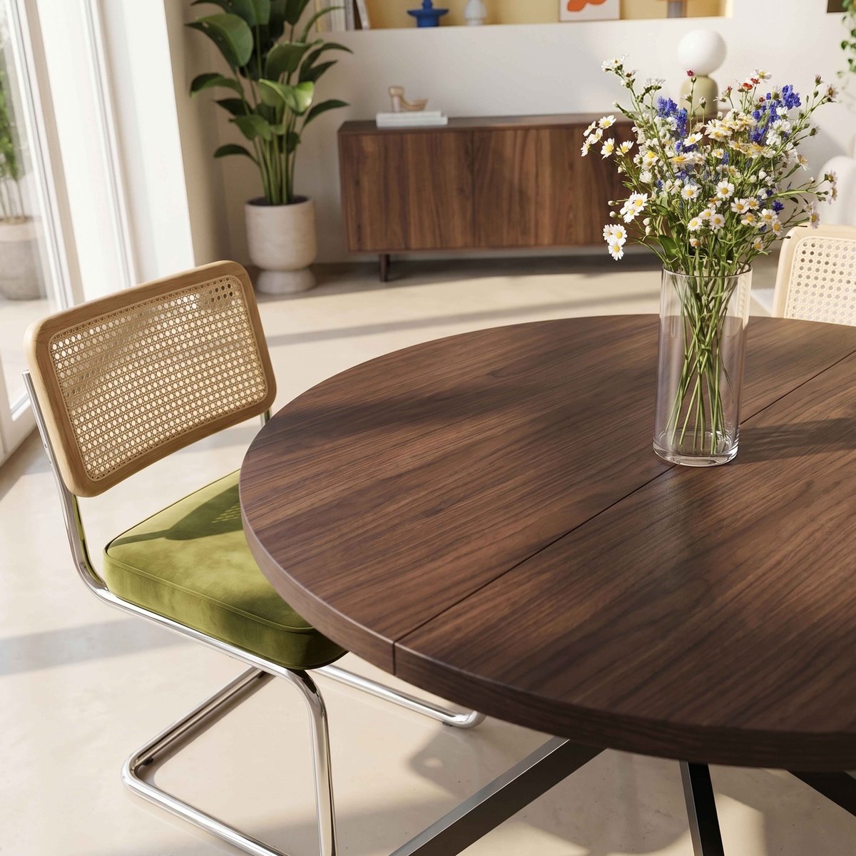 Table à manger extensible ronde en métal et effet bois 6 à 8 personnes, MARCIA marron, OVIALA