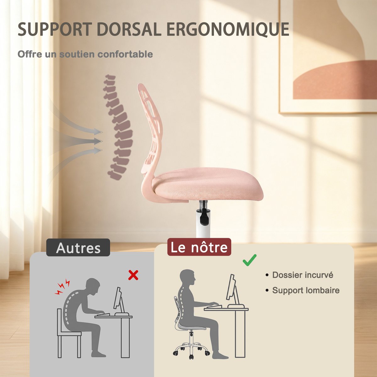 Chaise de bureau pivotante réglable en hauteur en maille, CARNATION PLICA rose blush, MEUBLES COSY