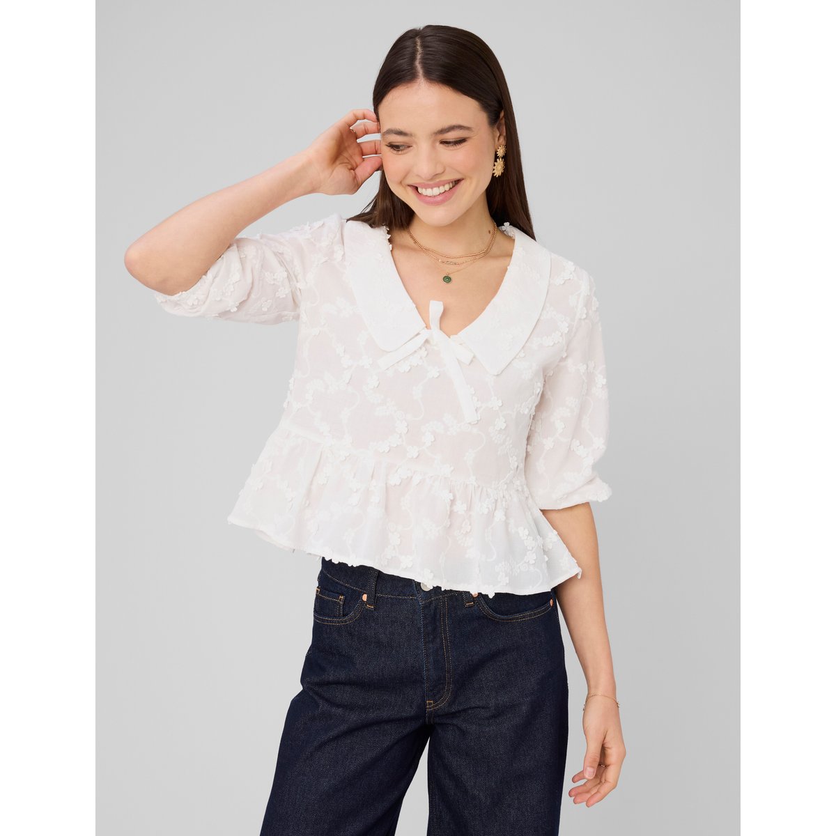 Blouse à nouer en broderies 3d blanc écru, BZB
