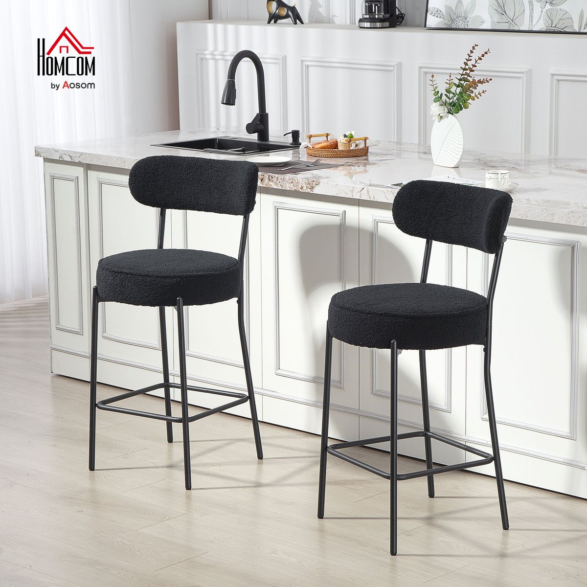 Tabouret de bar Tissu bouclette Noir noir, HOMCOM