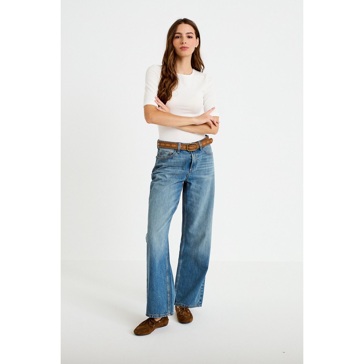 Jean wide leg ceinture amovible denim dirty, CACHE CACHE
