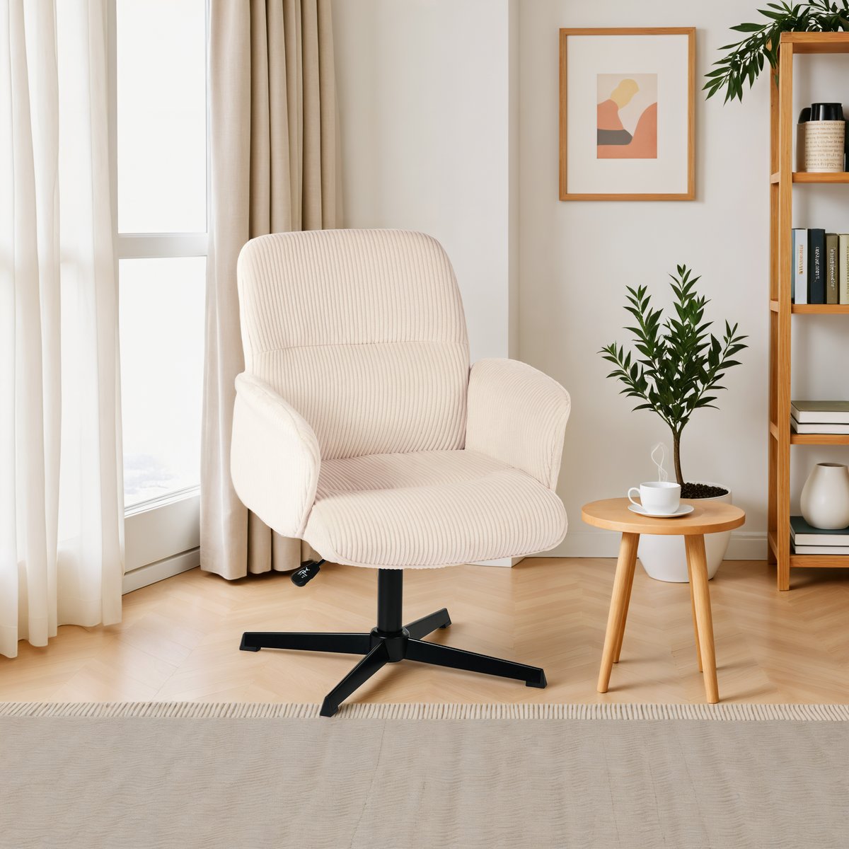 Fauteuil relax rotatif réglable en velours côtelé avec accoudoirs et base en métal noir, THOMASINACORDL beige, MEUBLES COSY