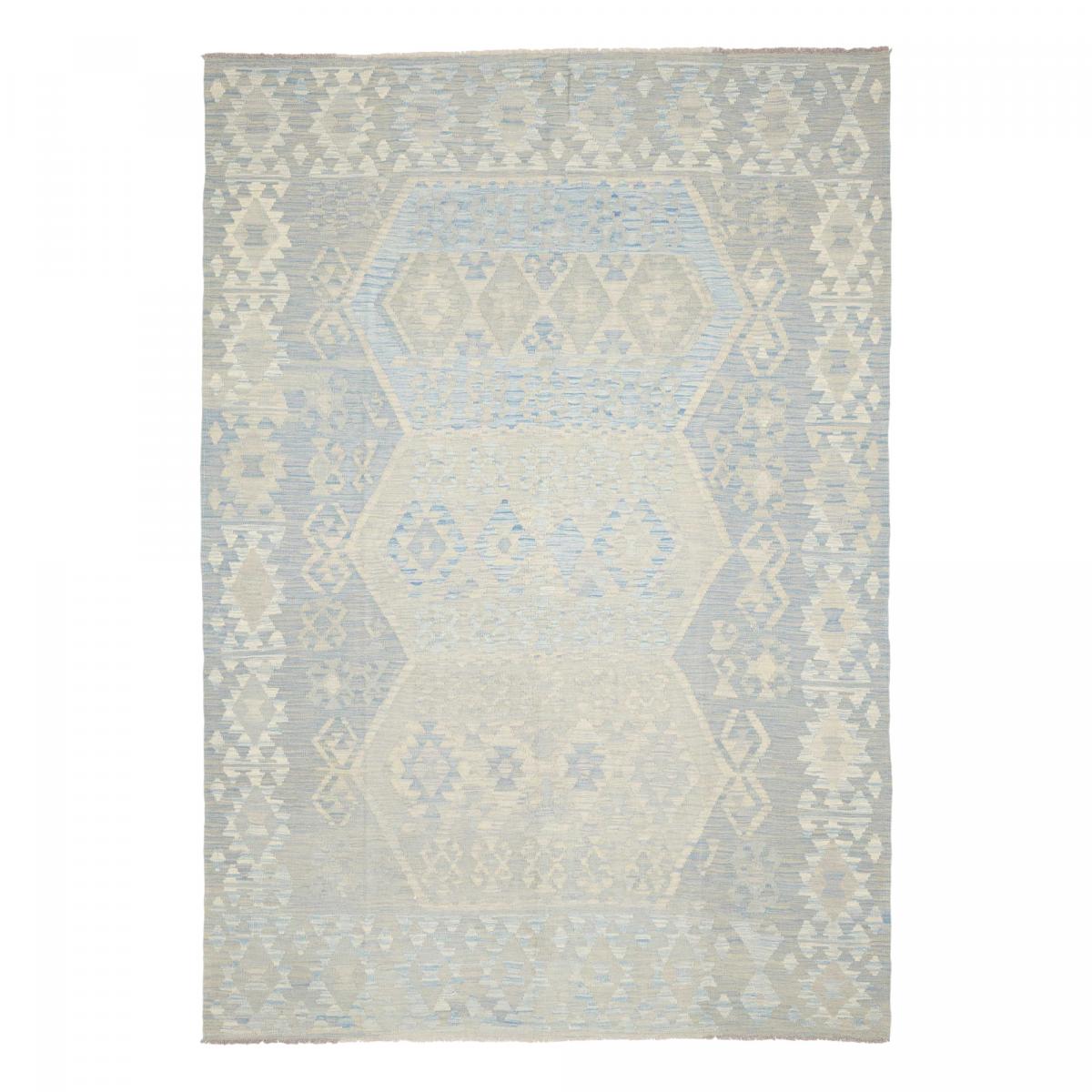 Tapis kilim, motif géométrique authentique, tissé plat, KILIM 75 bleu, beige, crème, UN AMOUR DE TAPIS