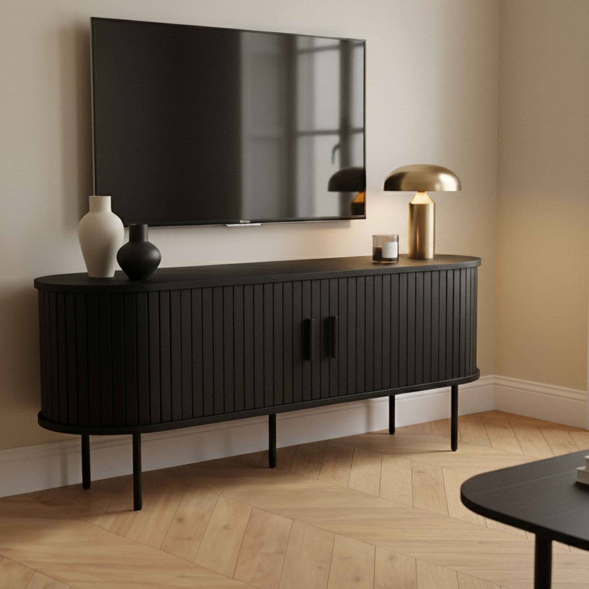 Meuble TV en mélaminé et acier 120 cm, MARIUS noir, OVIALA