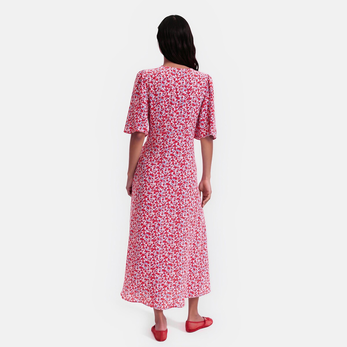 Abito svasato con stampa floreale, lungo, a maniche lunghe fantasia a fiori rosa, LA REDOUTE COLLECTIONS