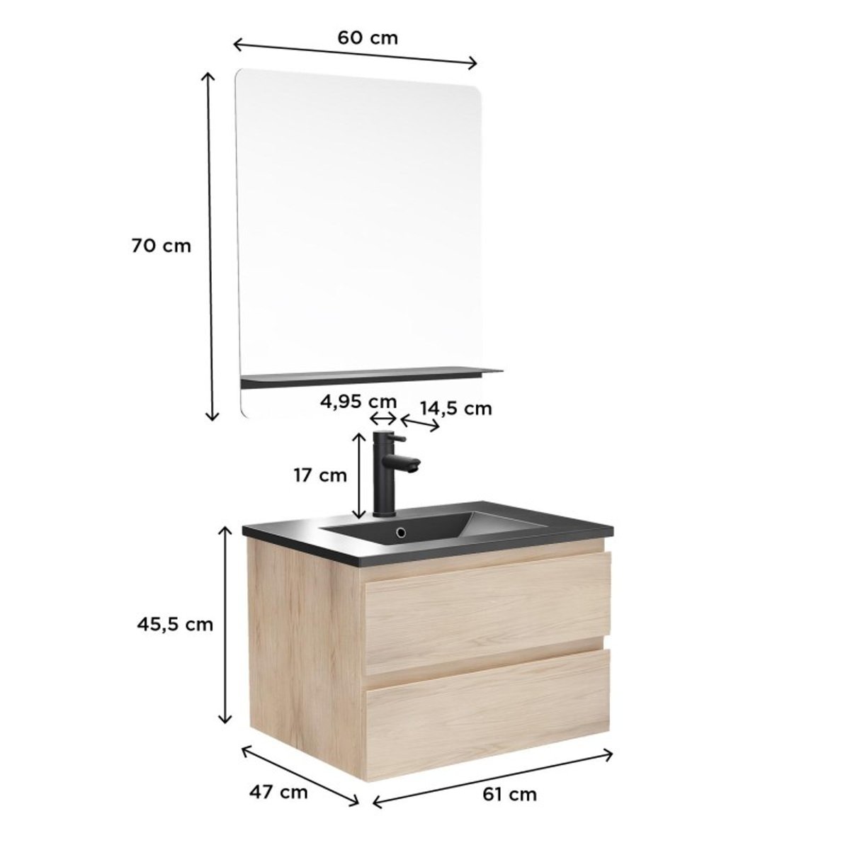 Meuble simple +vasque+robinet+miroir SORRENTO décor chêne (vasque noire), MOB IN