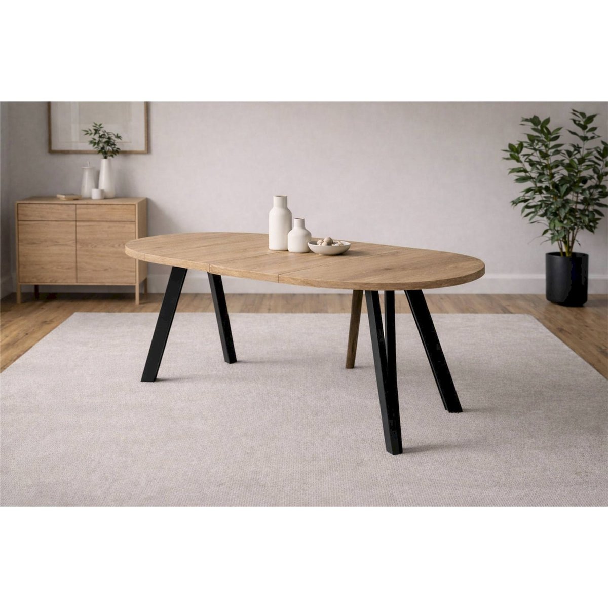 Table à manger ronde extensible piètement hairpin chêne cremona et noir, RECOLLECTION