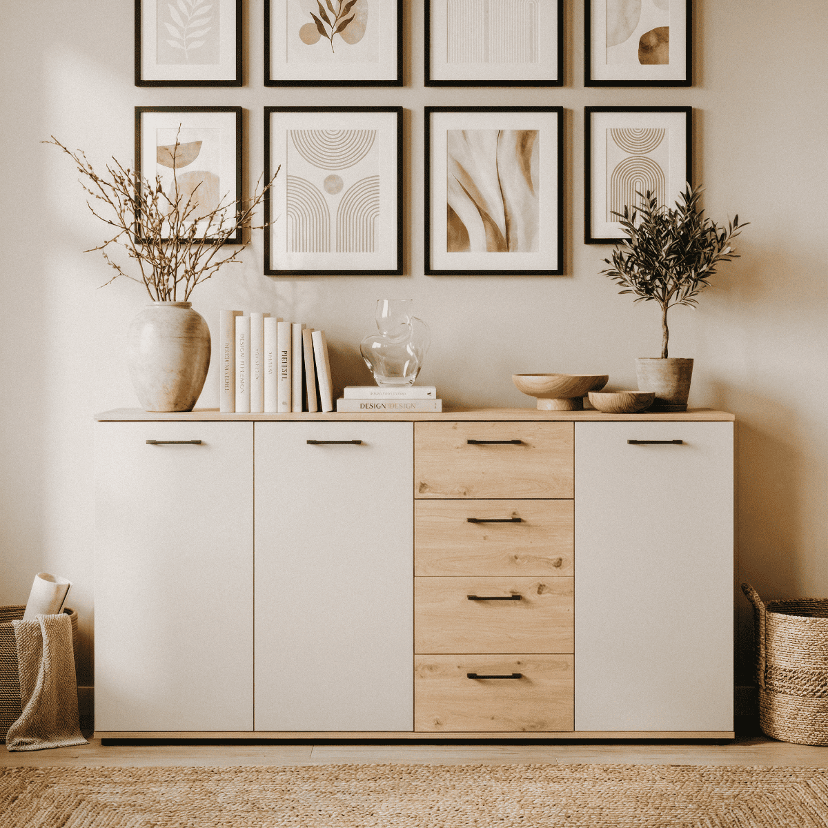 Buffet 3 portes, 4 tiroirs LINO bois clair, CALICOSY