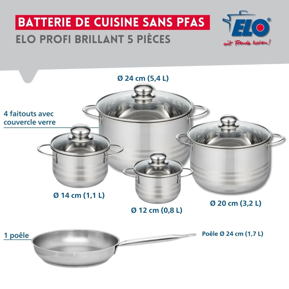 Batterie 1 poêle 24cm + 4 faitouts 12/14/20/24cm PROFI BRILLANT gris, ELO
