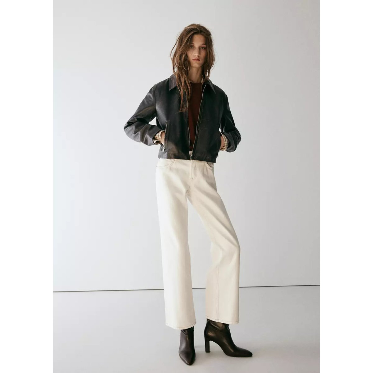 Veste cuir revers marron, MANGO