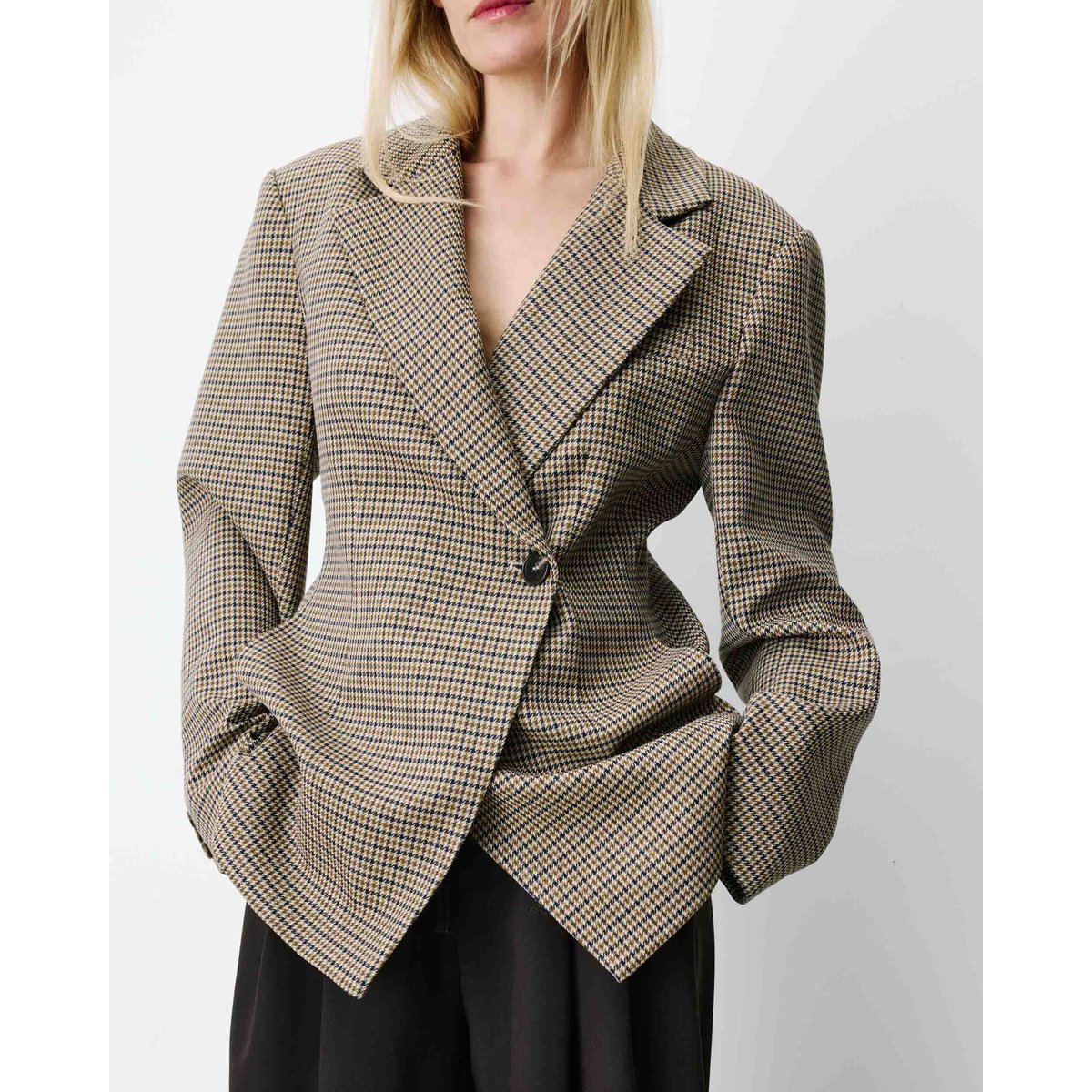 Blazer cintré croisé pied-de-poule beige Almond beige, GRACE AND MILA