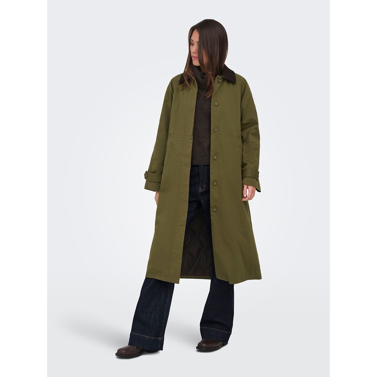 Long Dual Fabric Polo Collar Trench Coat khaki green, ONLY