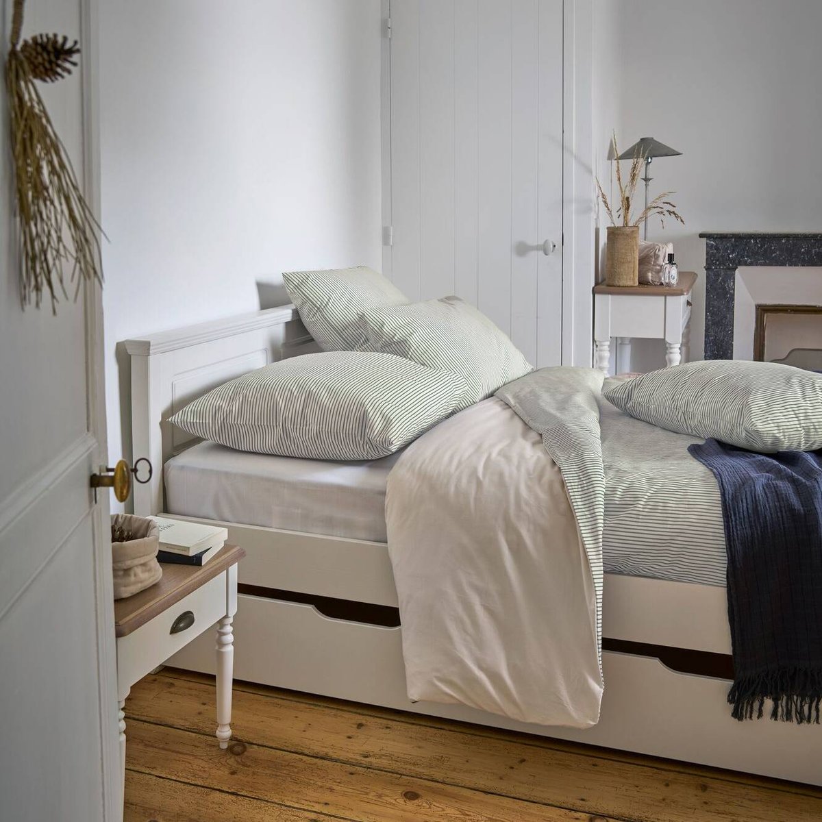 Parure de lit percale - AULNE rayures vertes, CAMIF