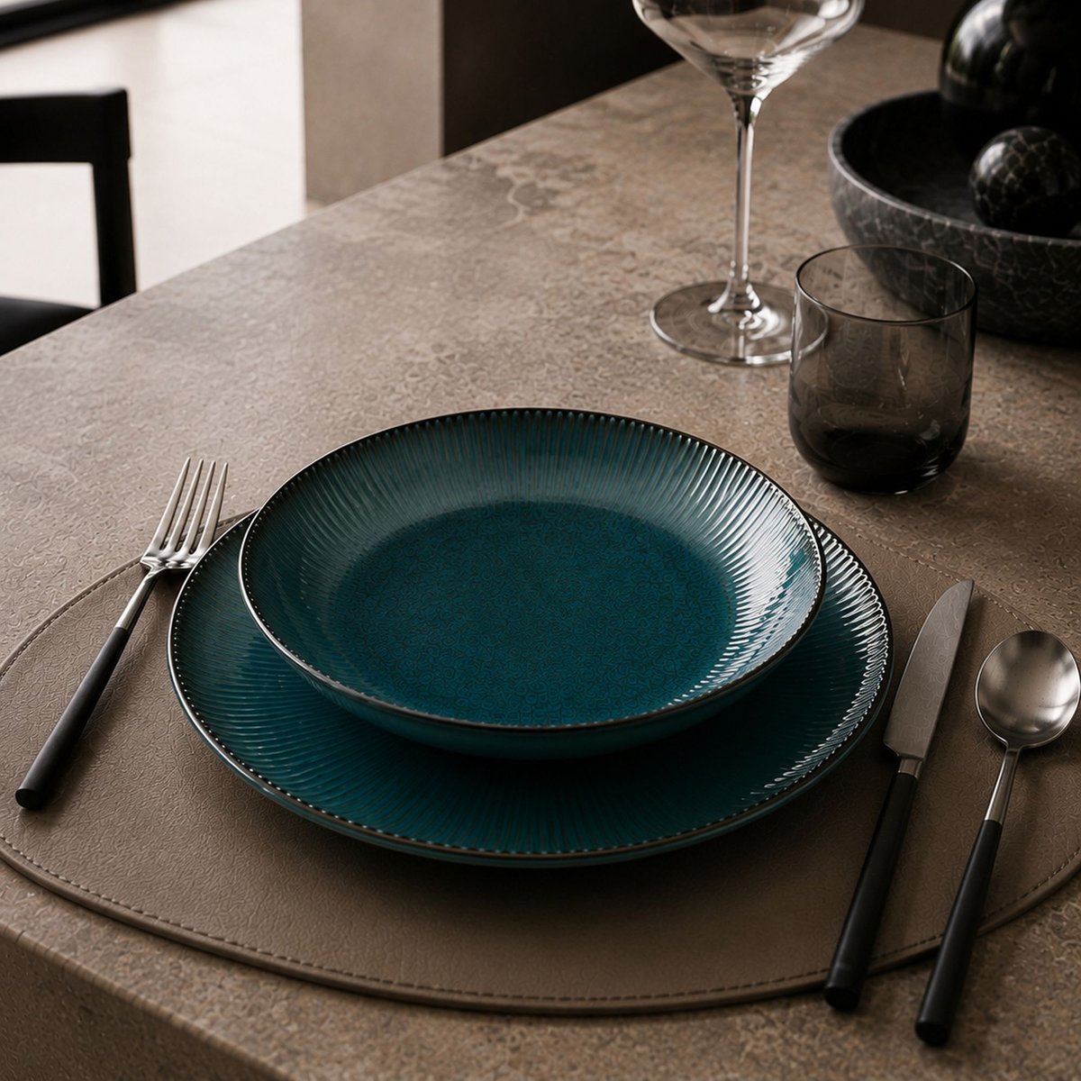 Lot de 6 assiettes creuses 22cm en porcelaine, LUNEA bleu, OGO LIVING