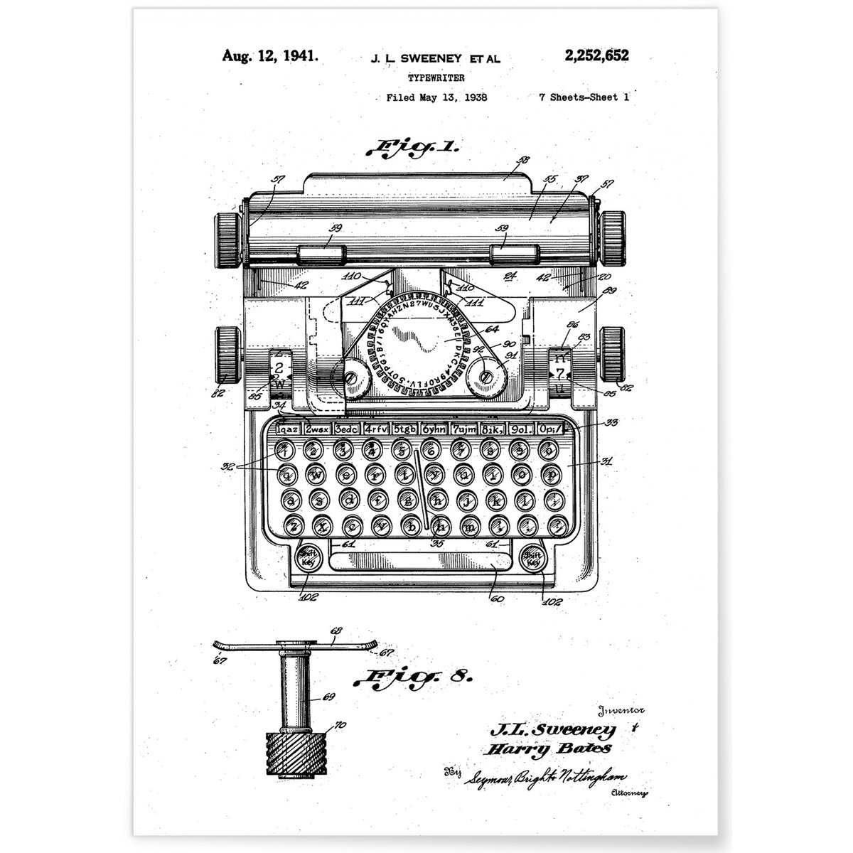Affiche Brevet Machine à écrire blanc, L'AFFICHERIE