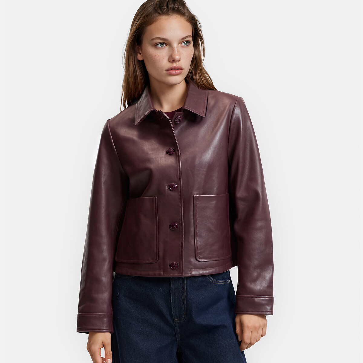 Veste courte boutonnée en cuir, Signature ABELLE rouge bordeaux, LA REDOUTE COLLECTIONS