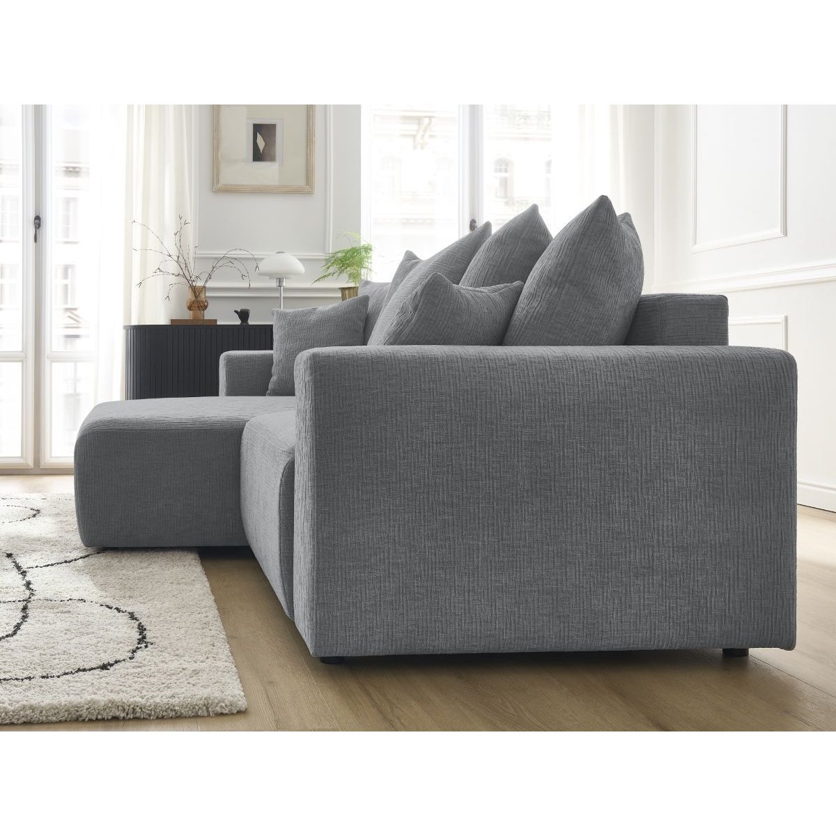 Canapé d'angle convertible 4 places en tissu texturé, ATILLA gris foncé, BOBOCHIC