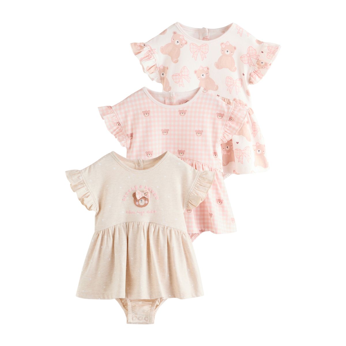 Lot de 3 grenouillères en jersey ours rose brodé, NEXT