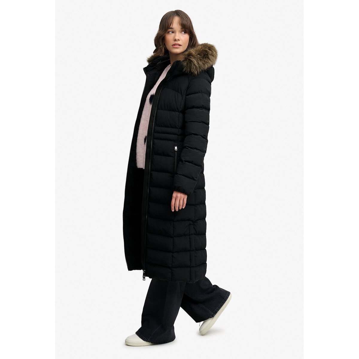 Veste Fuji Longue à Capuche en imitation Fourrure noir, SUPERDRY
