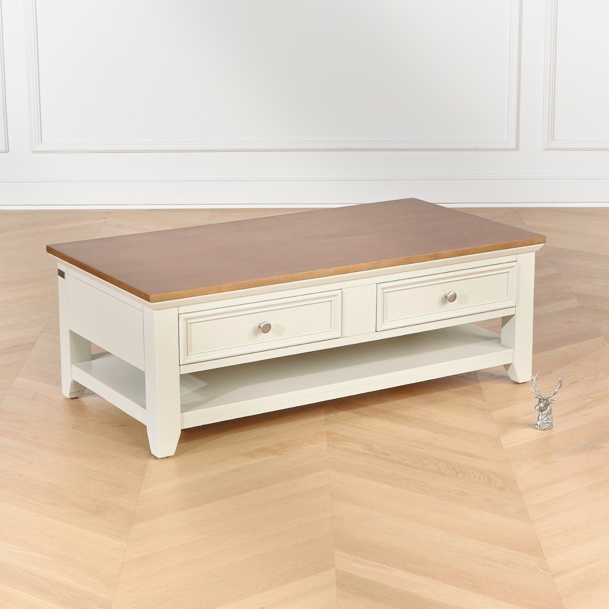 Table basse rectangulaire style contemporain, double plateau, 4 tiroirs ARCHER blanc, ROBIN DES BOIS