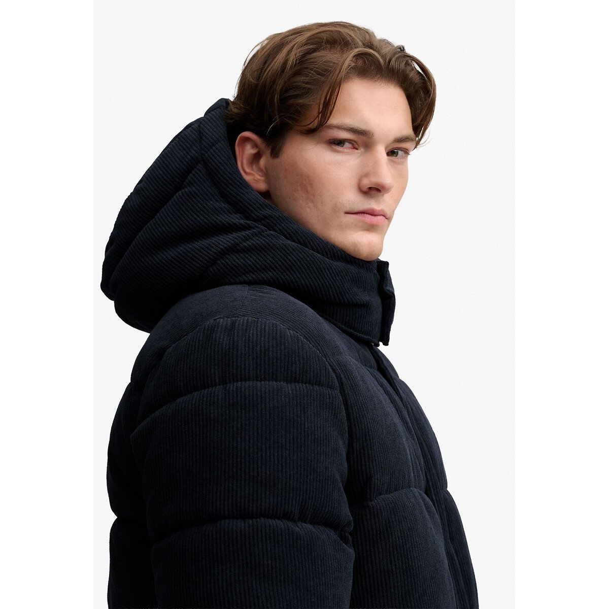 Piumino con cappuccio, in velluto a coste blu marino, SUPERDRY