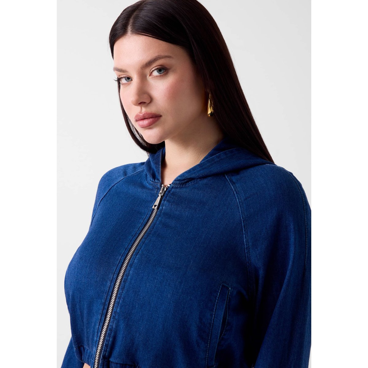 Sweat À Capuche En Denim Cropped bleu, GUESS