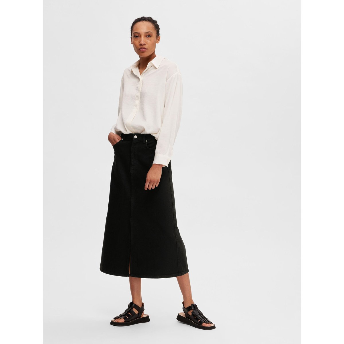 Jupe Mi-Longue black denim, SELECTED