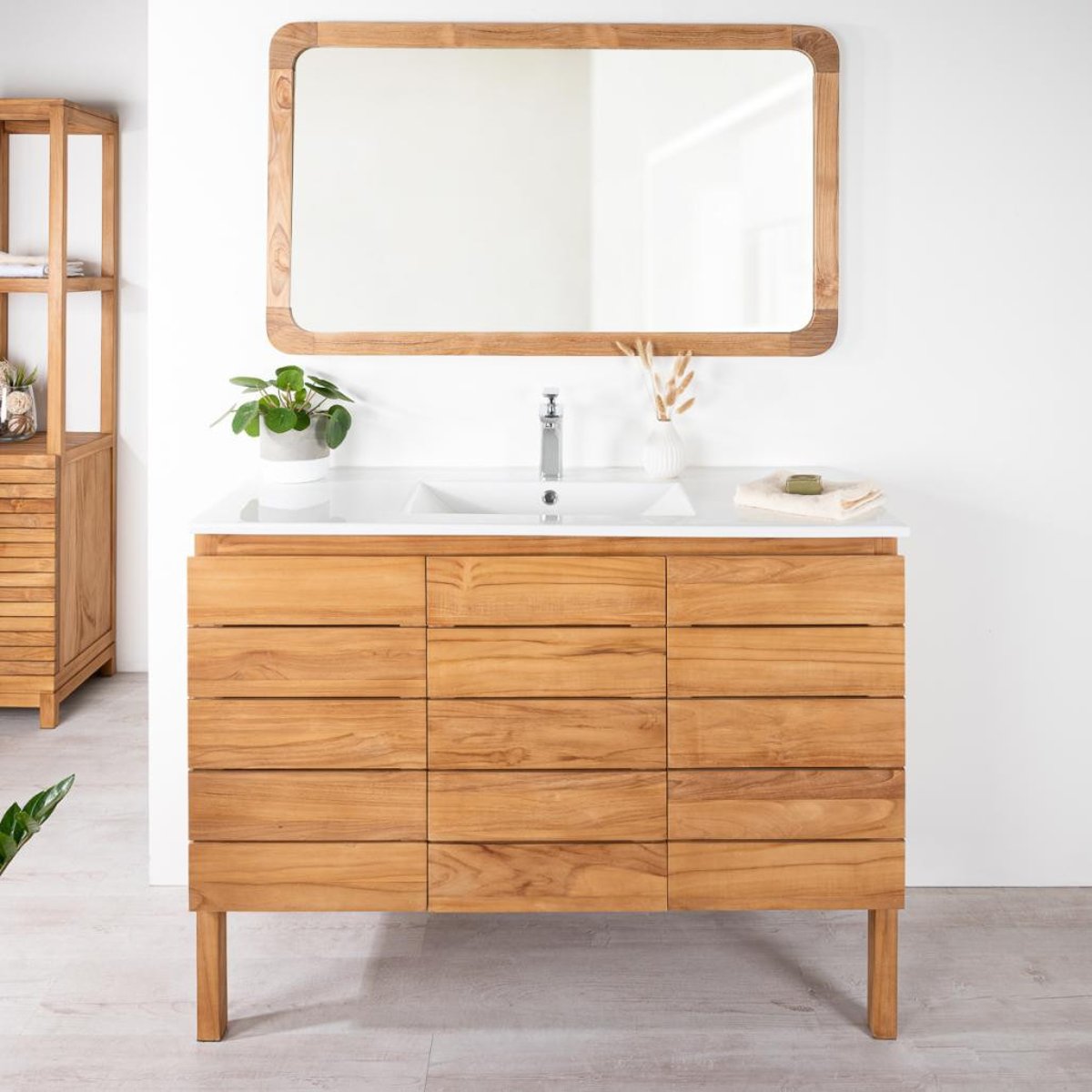 Meuble salle de bain en teck massif et céramique solo 120 cm ANANTA blanc, WANDA COLLECTION