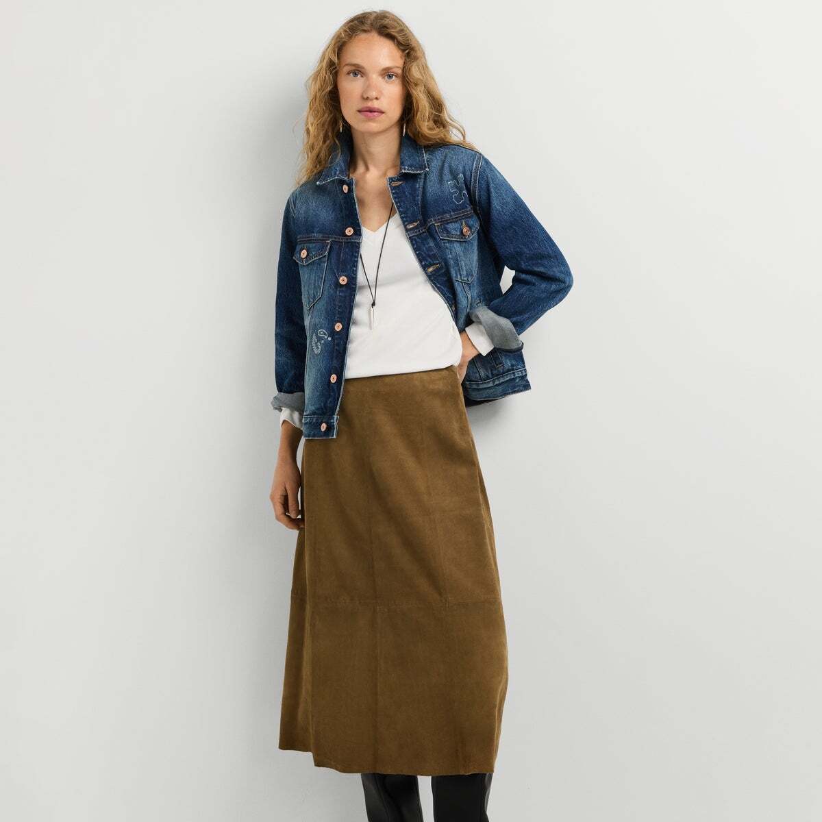 Jupe Midi En Daim beiges grains, PEPE JEANS