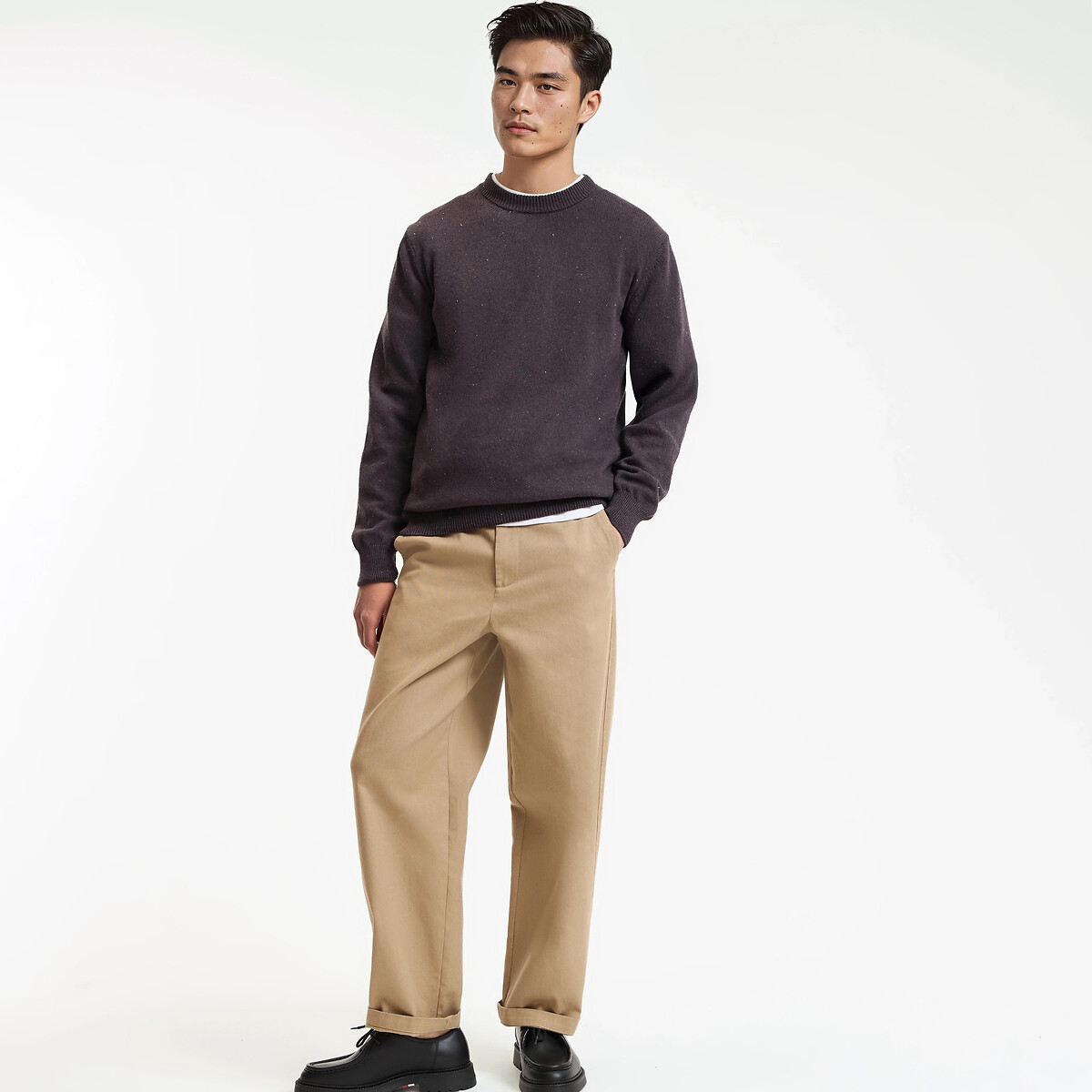 Pull col rond en fine maille marron, LA REDOUTE COLLECTIONS