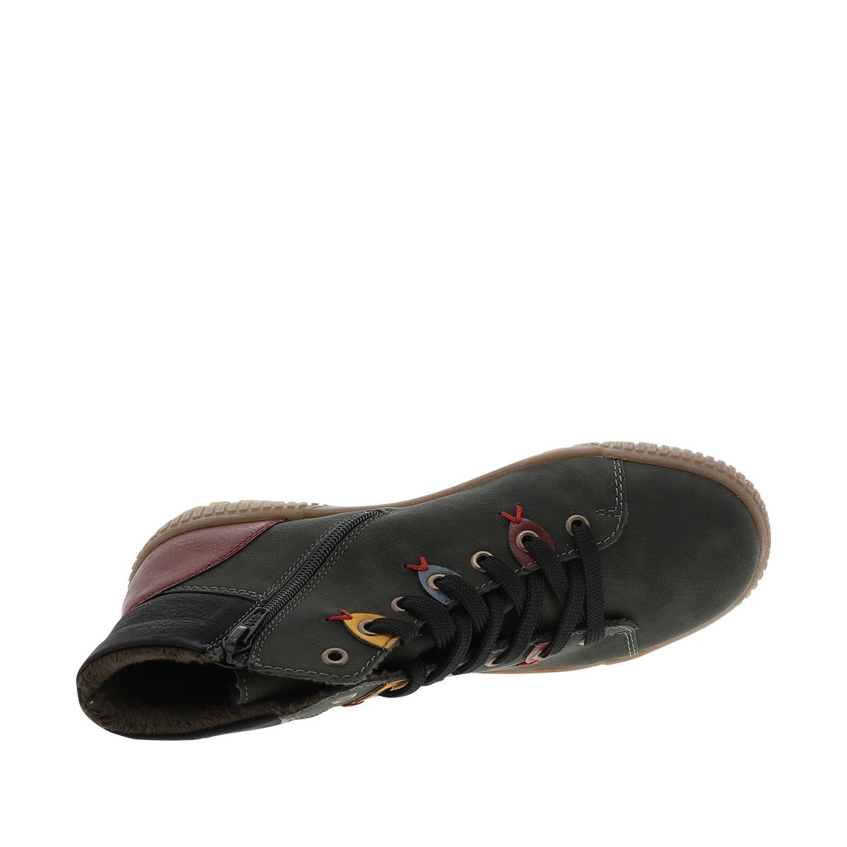 Bottines kaki à talon plat et à lacets et zip latéral avec oeillets colorés kaki, RIEKER