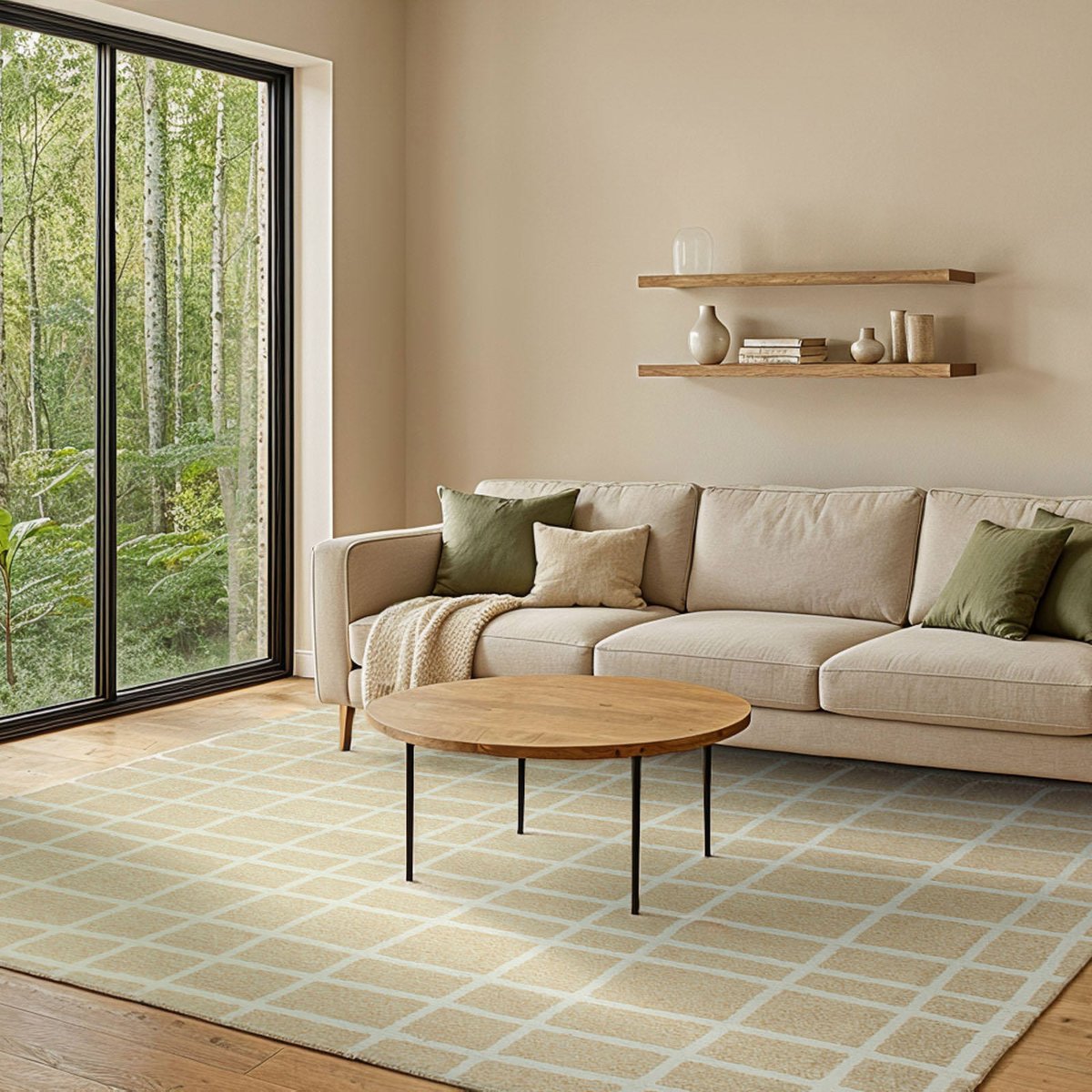Tapis intérieur extérieur jacquard, CARO beige sable à lignes écru, RECOLLECTION