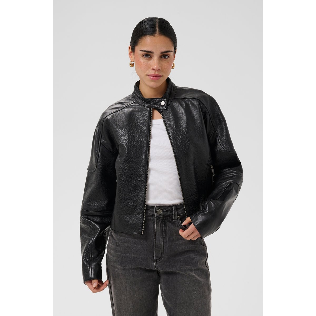 Veste en cuir noir black deep, KAFFE