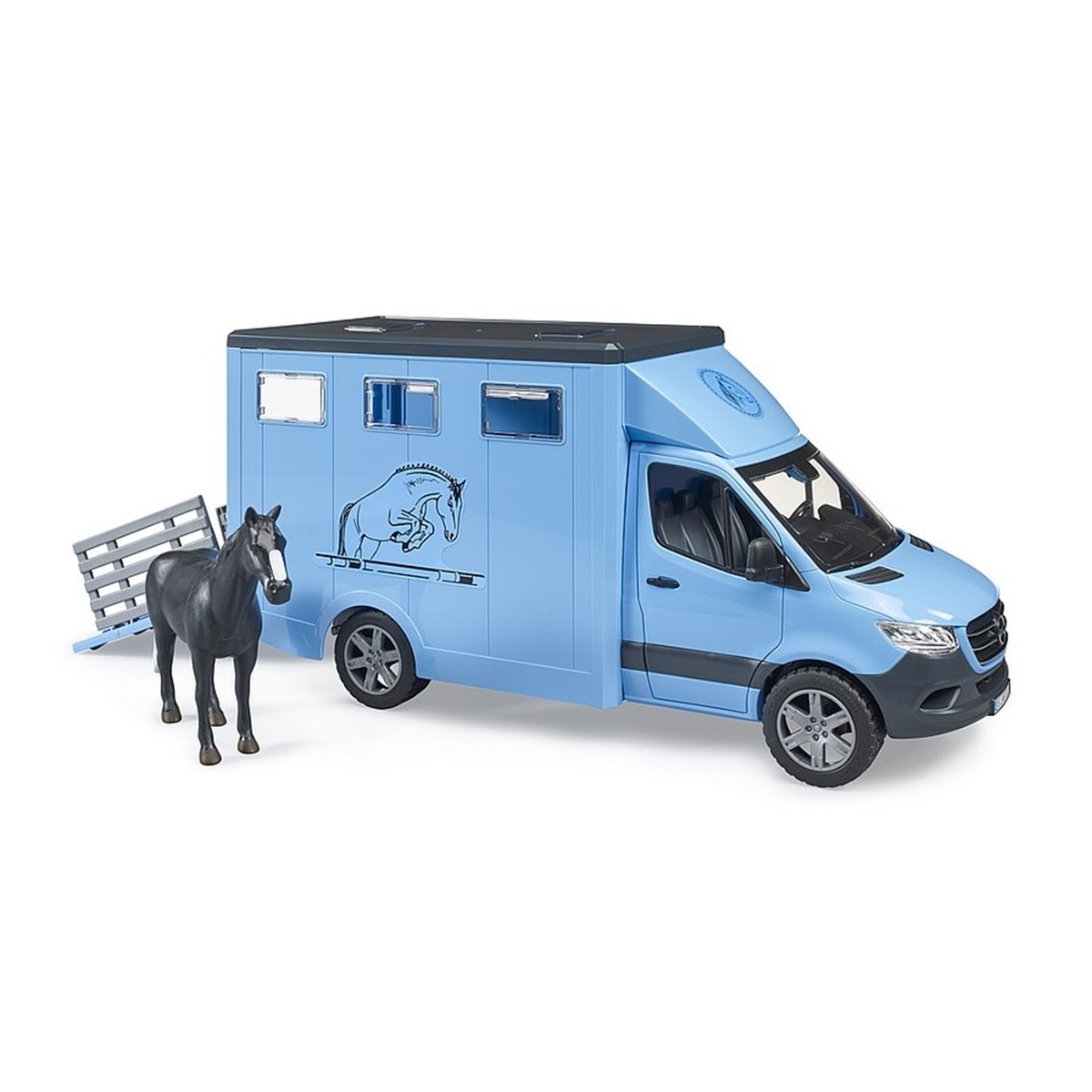 Camion Bétaillère Mercedes Benz Sprinter avec un cheval bleu, BRUDER