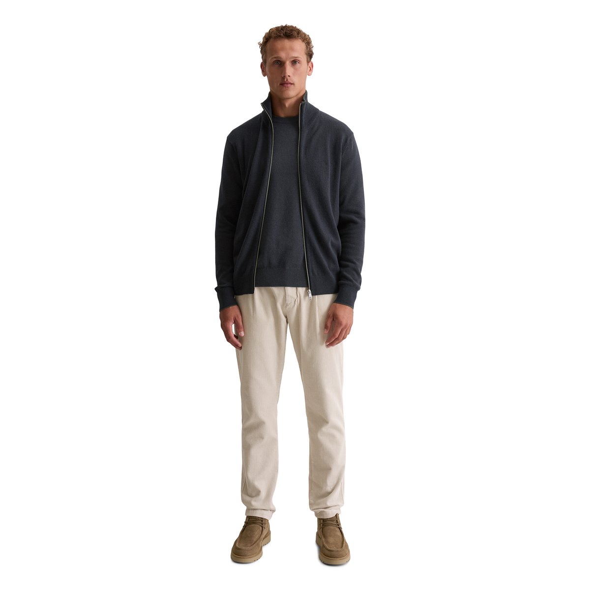 Cardigan zippé regular en mélange de coton et de laine vierge bio bleu foncé, MARC O'POLO
