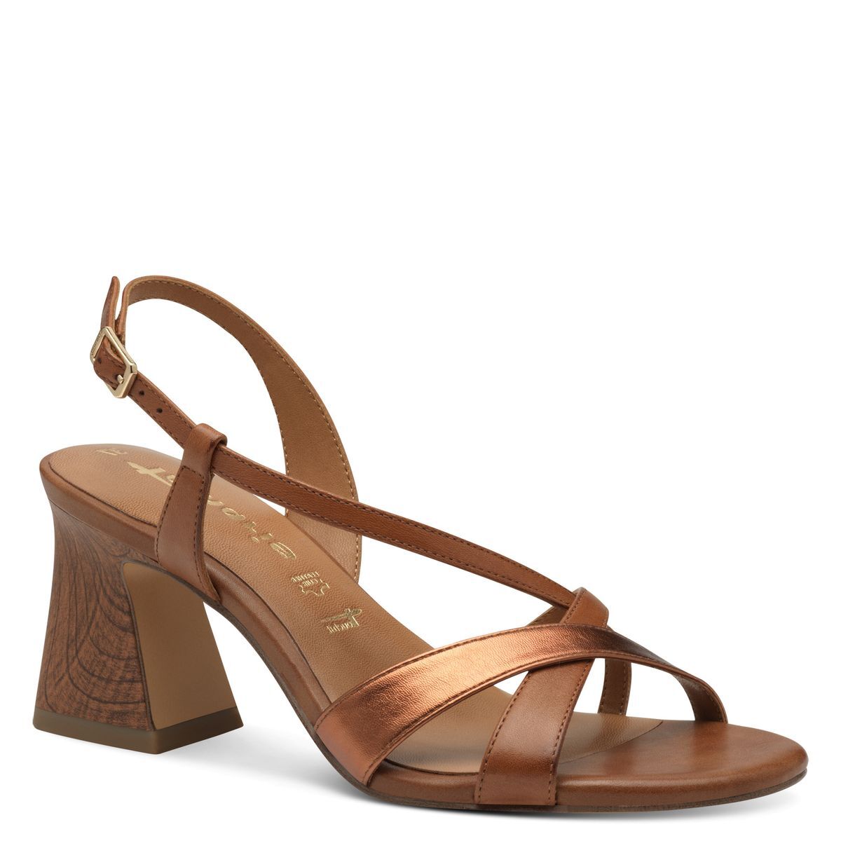 Sandale à talon en cuir marron cognac combiné, TAMARIS