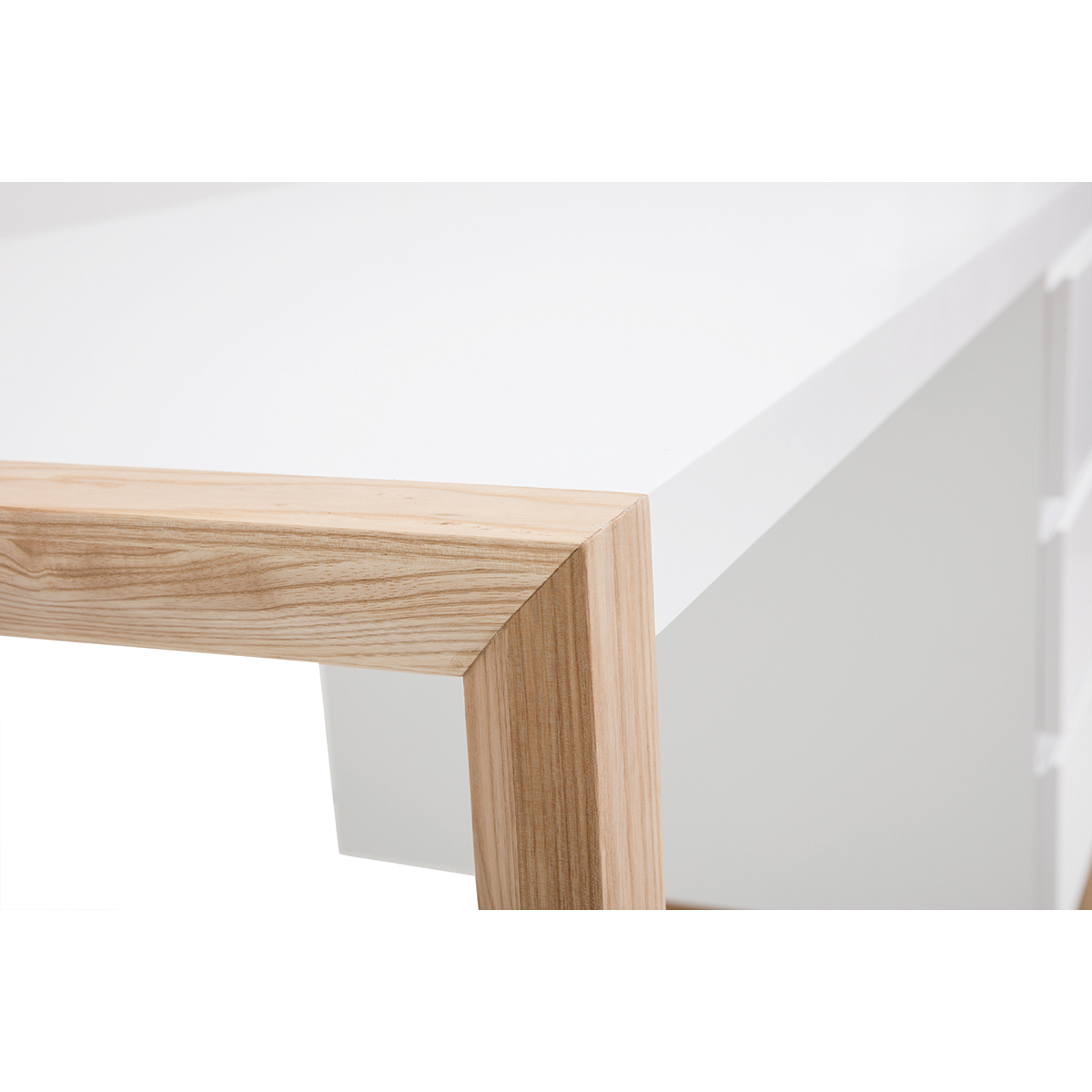 Bureau avec rangements 3 tiroirs scandinave blanc mat et bois clair frêne massif L130 cm ARMEL blanc, MILIBOO