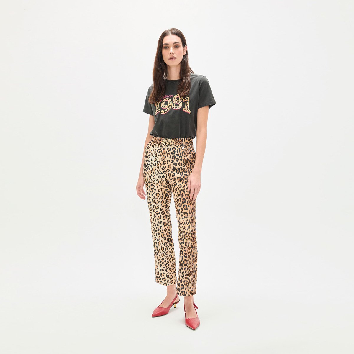 Pantalon droit imprimé léopard en satin léopard, LOLA CASADEMUNT