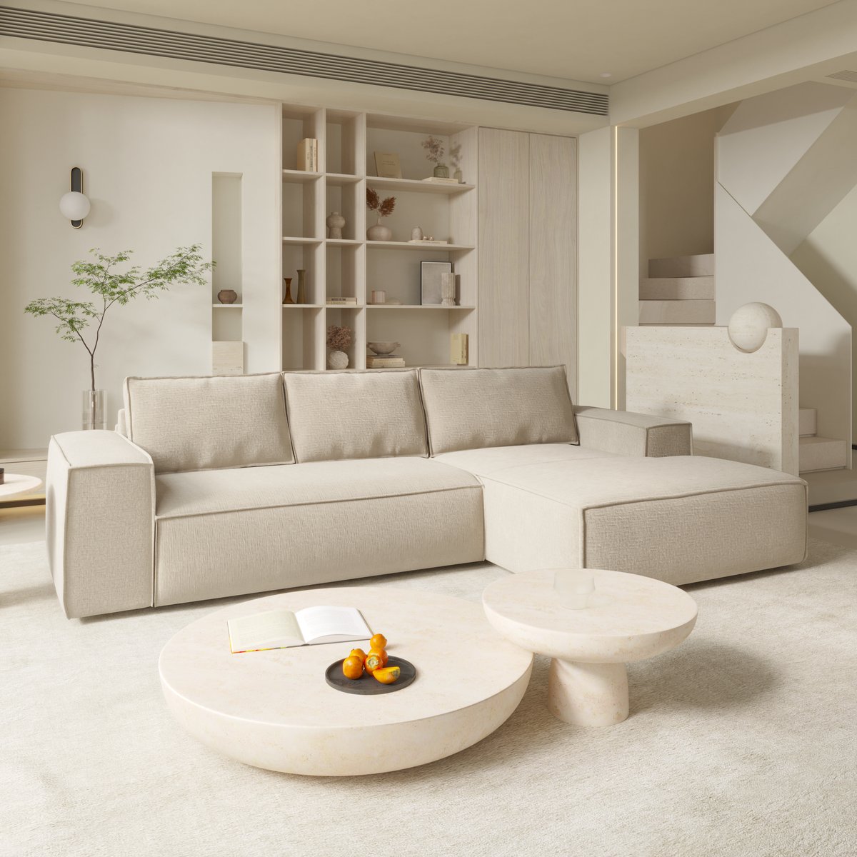Canapé convertible angle droit 5 places en velours JOAN crème, SIA HOME