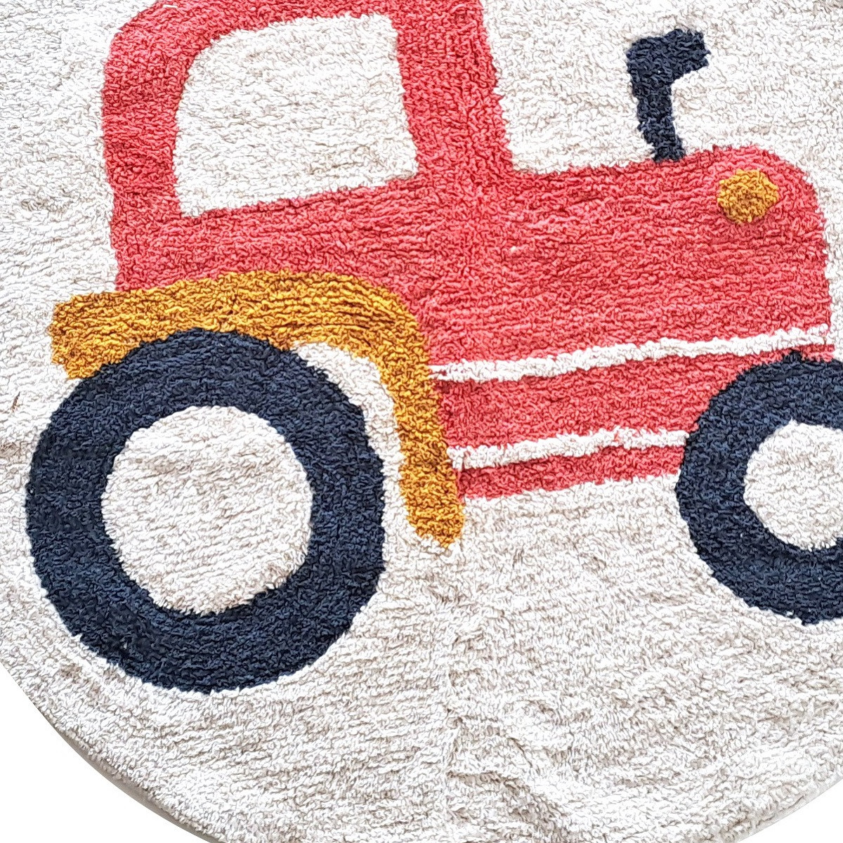 Tapis enfant Tracteur rond en coton tufté VEHICULES blanc, FUTURE HOME