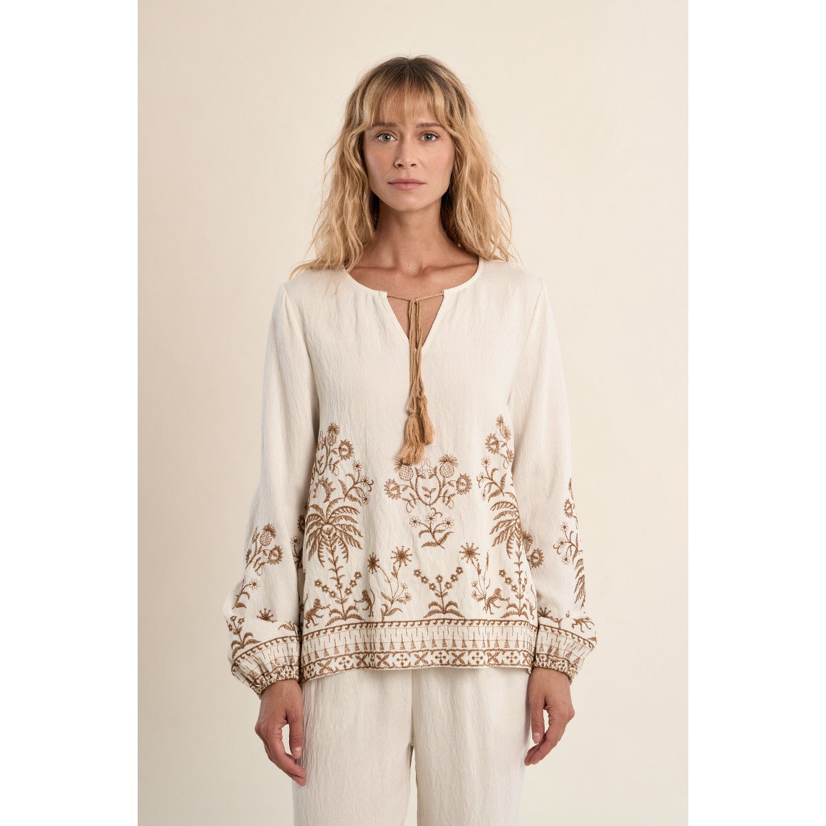 Blouse en popeline, brodée offwhite/beige, MOLLY BRACKEN