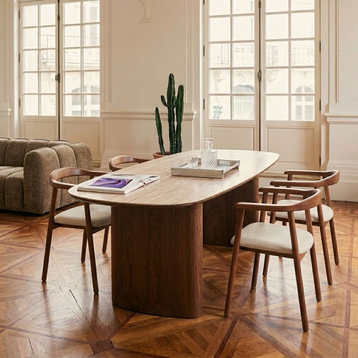 Table de séjour avec plateau en céramique LODEN effet travertin et noyer, SORELH
