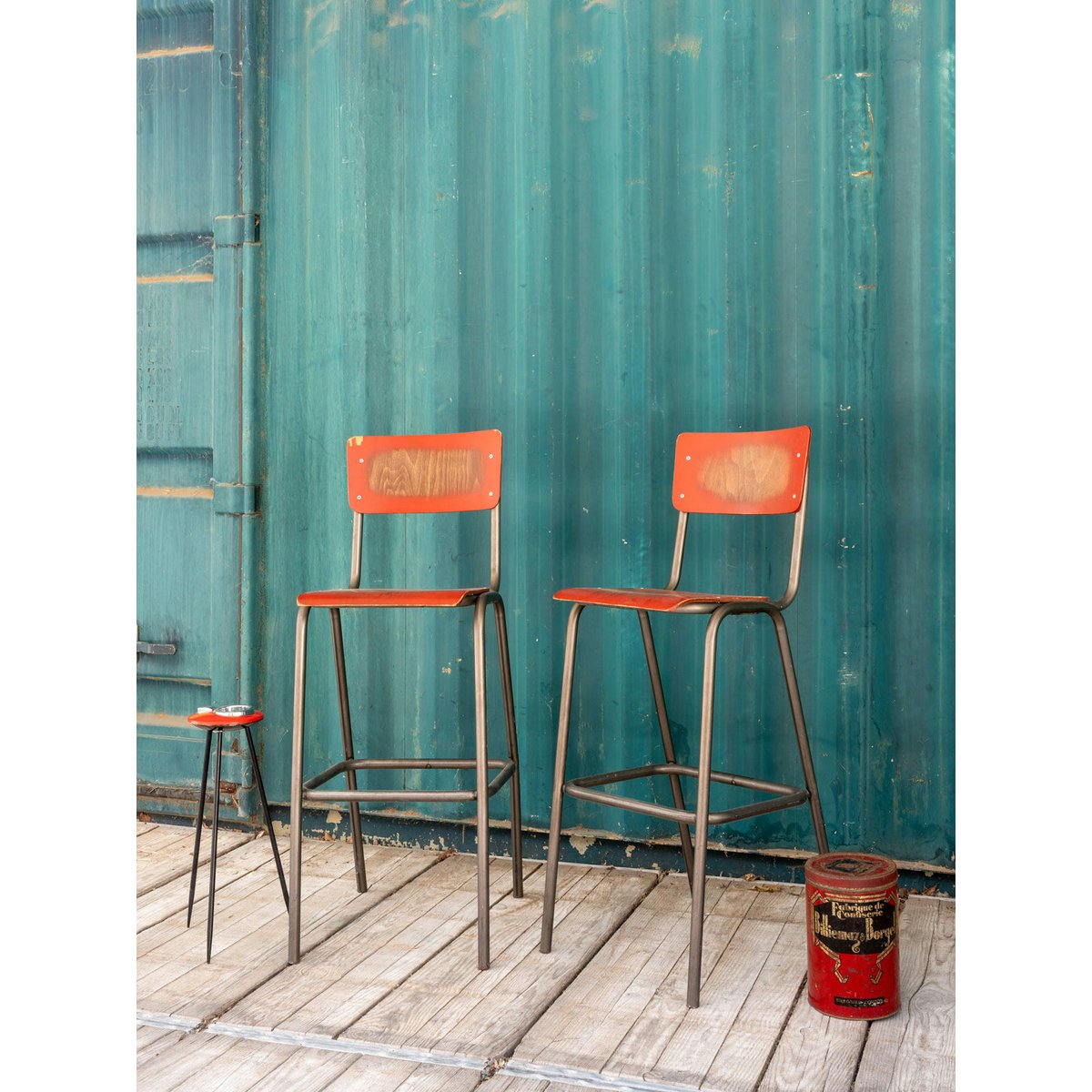 Paire de chaises hautes en bois et métal Alma N°1710 - Bon état gris, DEBONGOUT