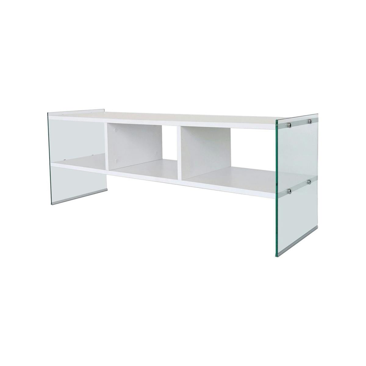 Meuble TV design 2 niveaux pieds verre SALTA blanc, PIER IMPORT